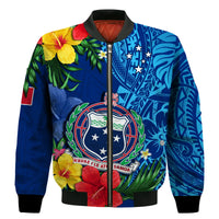 Samoa Bomber Jacket Coat Of Arms Mix Tropical Flowers LT14 Unisex Blue - Polynesian Pride