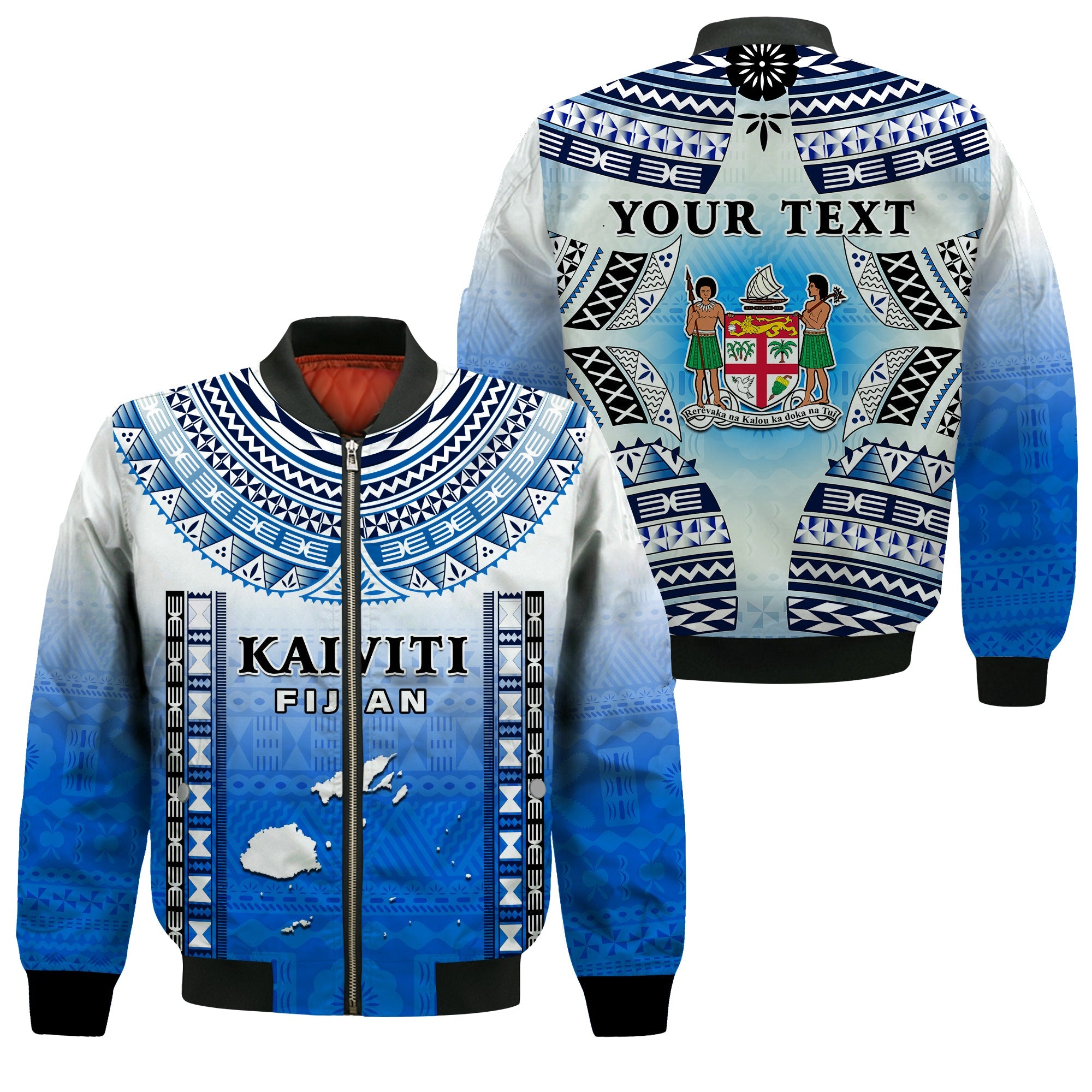 Custom Text And Number Fiji Bomber Jacket Kaiviti Fijian Special Tapa Pattern LT14 Unisex Blue - Polynesian Pride
