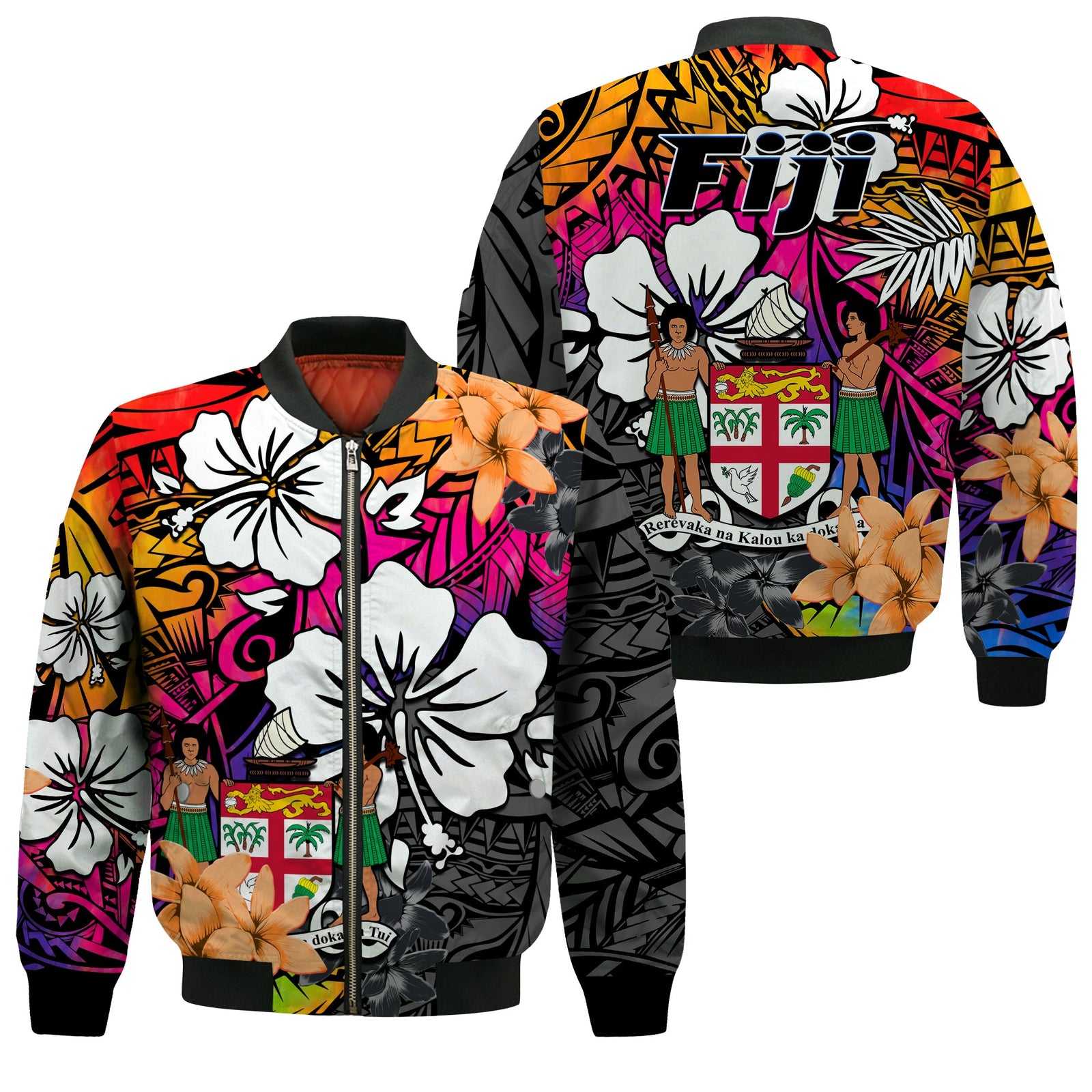 Fiji Tie Dye Bomber Jacket Polynesian Tribal Creative Tropical Flowers LT13 Unisex Red - Polynesian Pride