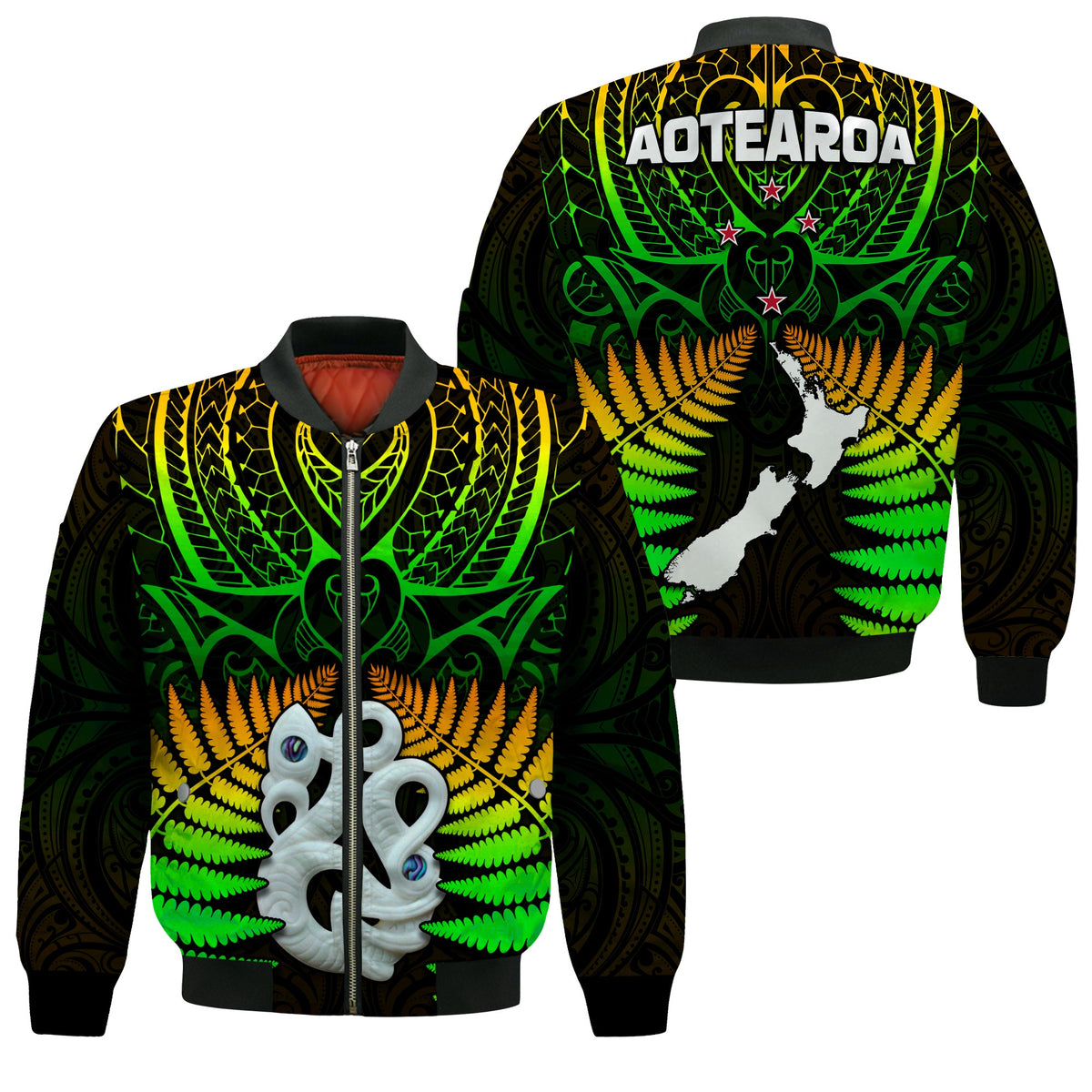 Aotearoa Fern Bomber Jacket New Zealand Hei Tiki Special Style LT13 Unisex Green - Polynesian Pride