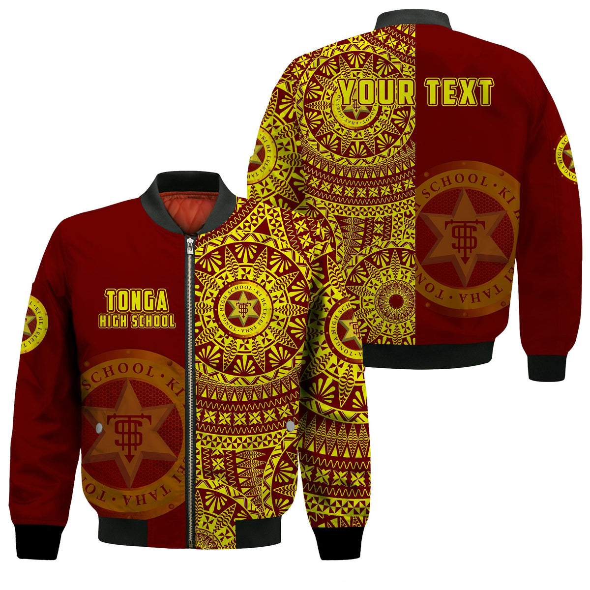 (Custom Personalised) Tonga High School Bomber Jacket Tongan Ngatu Pattern LT14 Unisex Red - Polynesian Pride