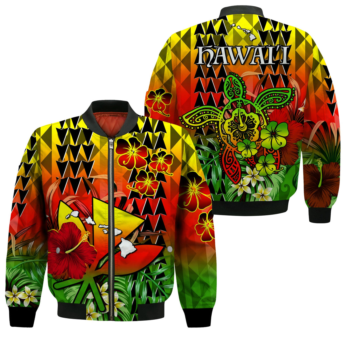 Hawaii Flowers Bomber Jacket Color Tribal Pattern Hawaiian LT13 Unisex Reggae - Polynesian Pride