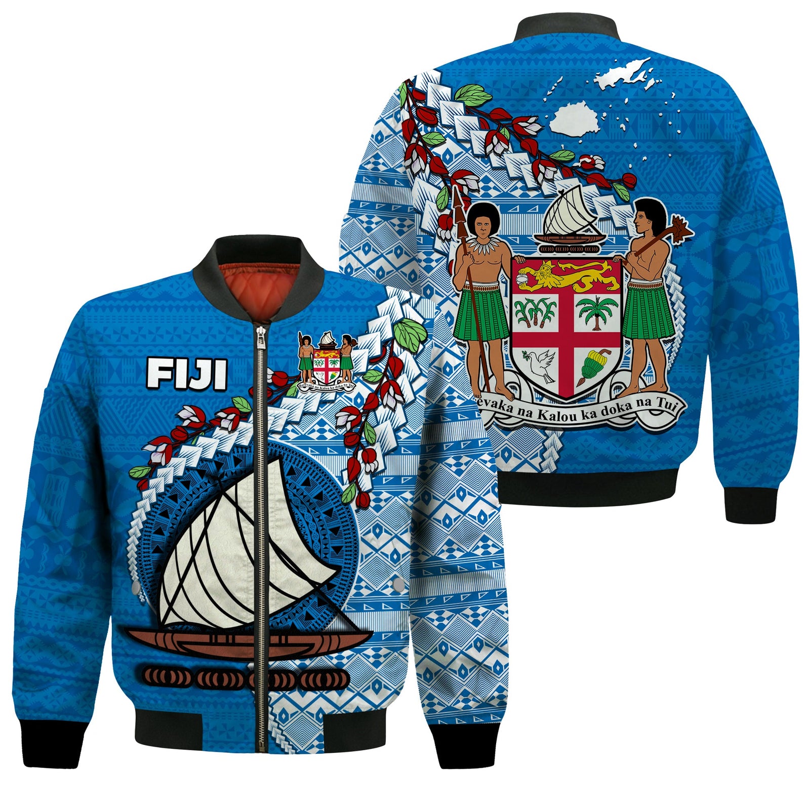 Fiji Bomber Jacket Fijian Drua Mix Tagimaucia Flower Blue Style LT14 Unisex Blue - Polynesian Pride