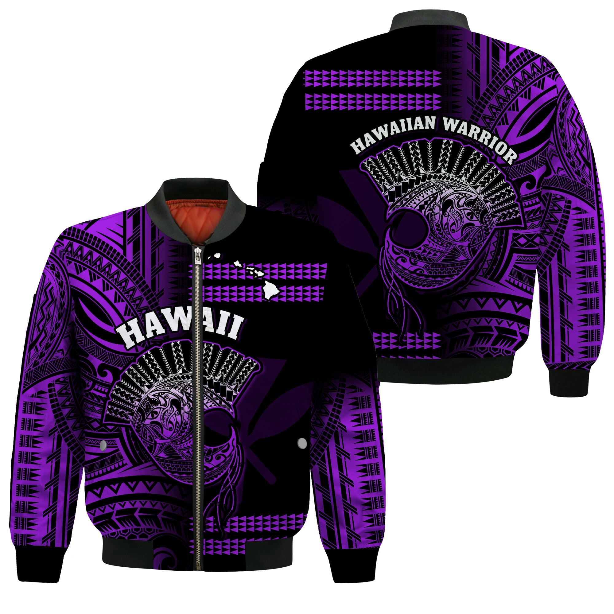 Hawaii Bomber Jacket Kakau Warrior Helmet Gradient Purple Polynesian LT14 Unisex Purple - Polynesian Pride