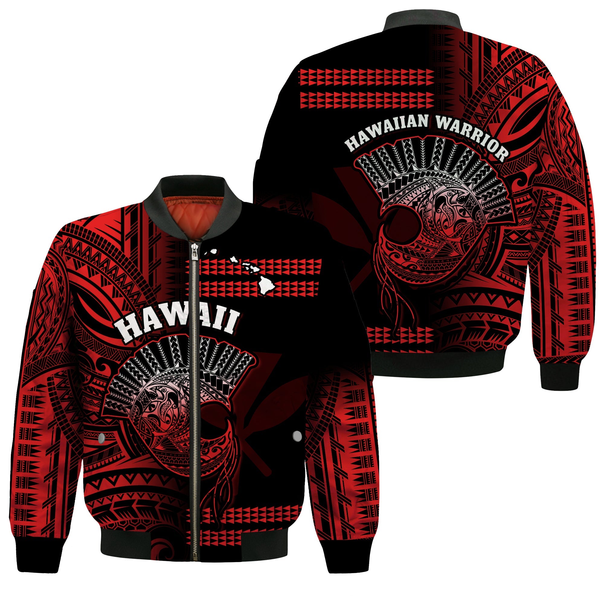 Hawaii Bomber Jacket Kakau Warrior Helmet Gradient Red Polynesian LT14 Unisex Red - Polynesian Pride