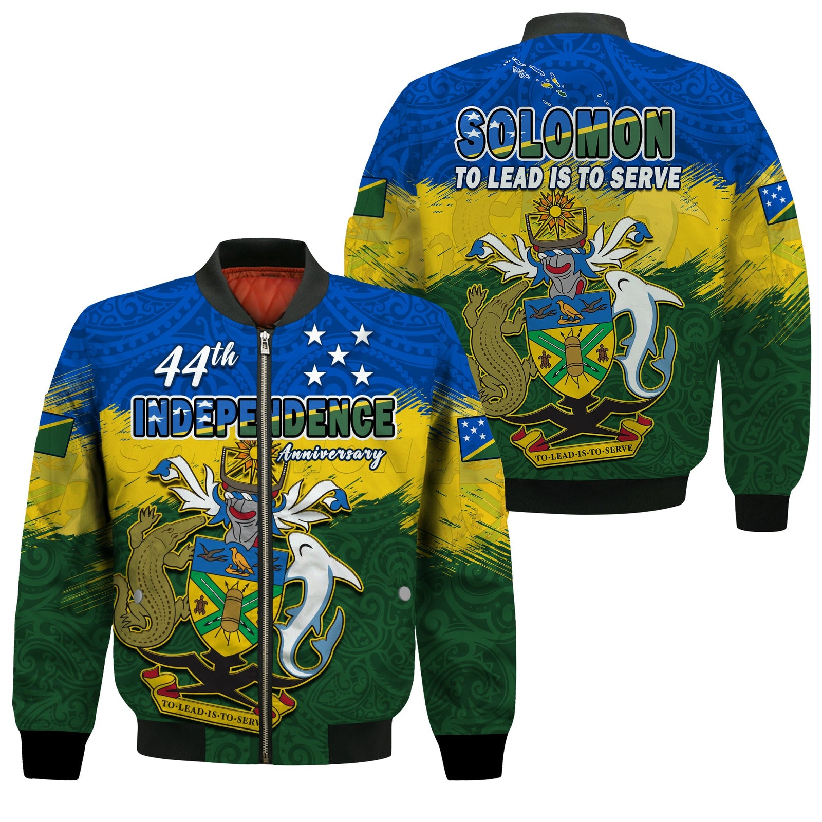 Solomon Islands Bomber Jacket Happy 44th Independence Anniversary Polynesian Pattern LT14 Unisex Blue - Polynesian Pride