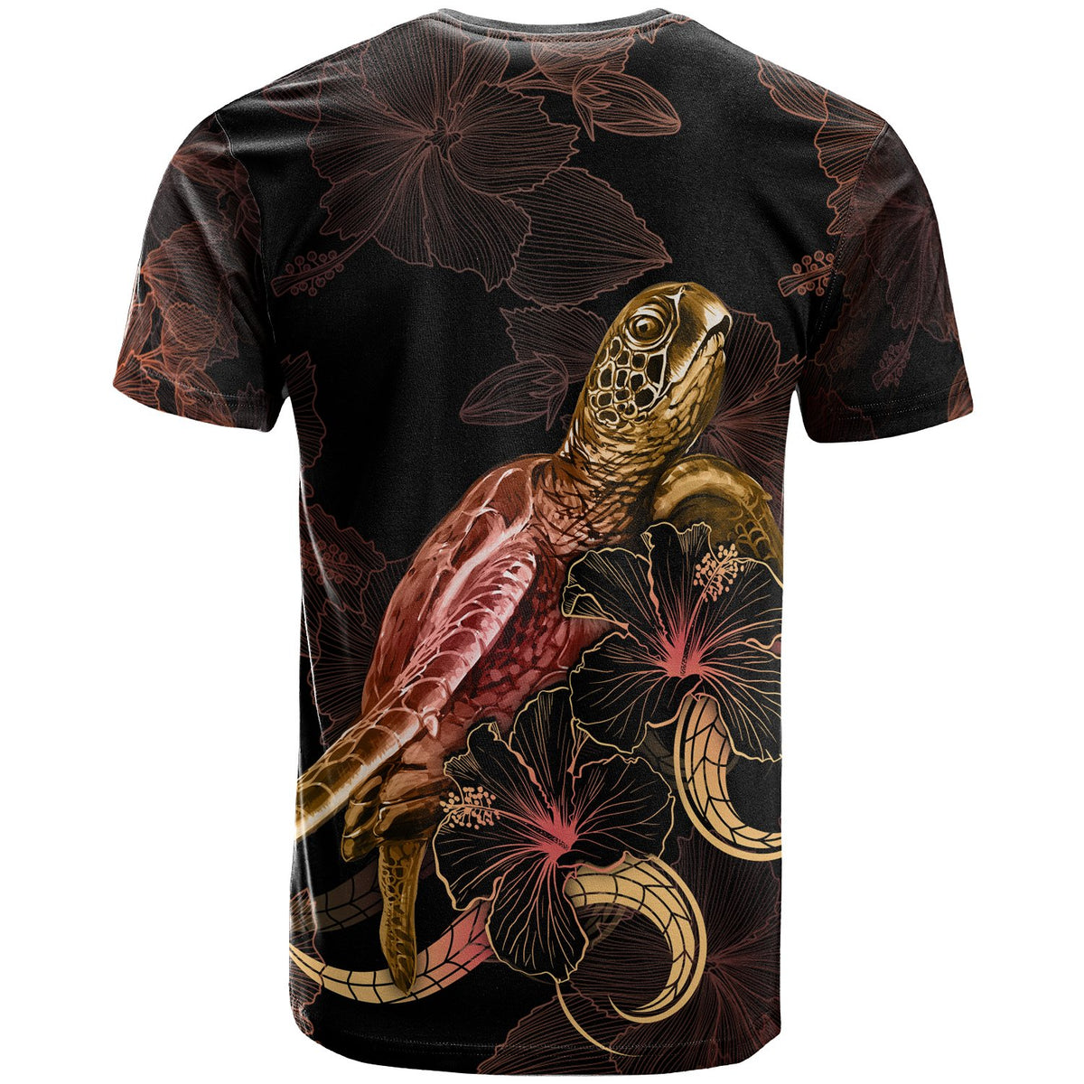 FIJI Polyneisan T Shirt Turtle With Blooming Hibiscus Gold - Polynesian Pride