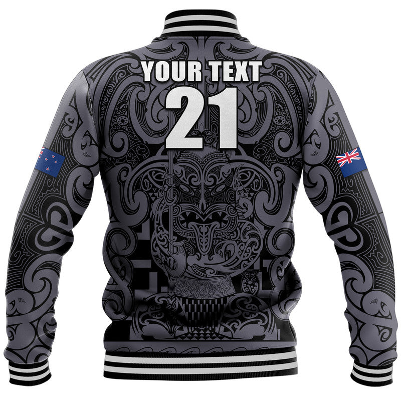 (Custom Text And Number) New Zealand Taiaha Maori Baseball Jacket Minimalist Silver Fern All Black LT9 - Polynesian Pride
