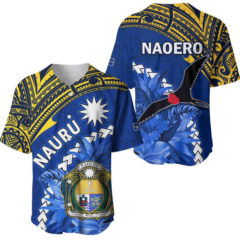 Nauru Coat of Arms Baseball Jersey Polynesian With Frigatebird LT9 Blue - Polynesian Pride