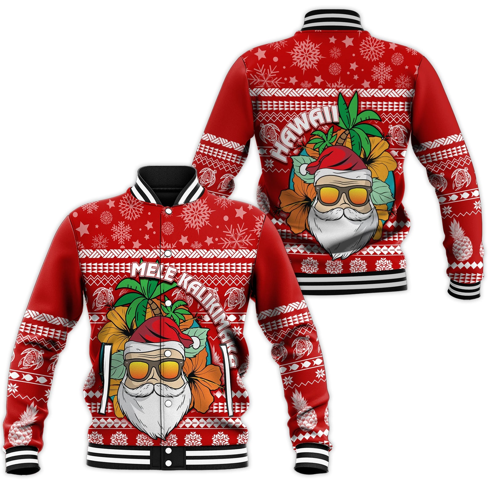 Hawaii Christmas Baseball Jacket Mele Kalikimaka - Tropical Santa LT7 Unisex Red - Polynesian Pride