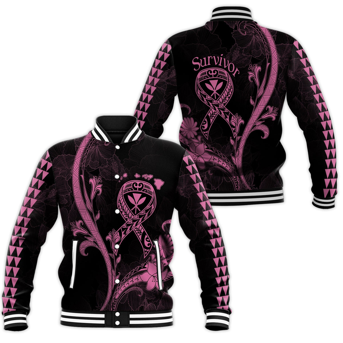 Hawaii Baseball Jacket Breast Cancer Survivor Mix Hibiscus LT7 Unisex Black - Polynesian Pride
