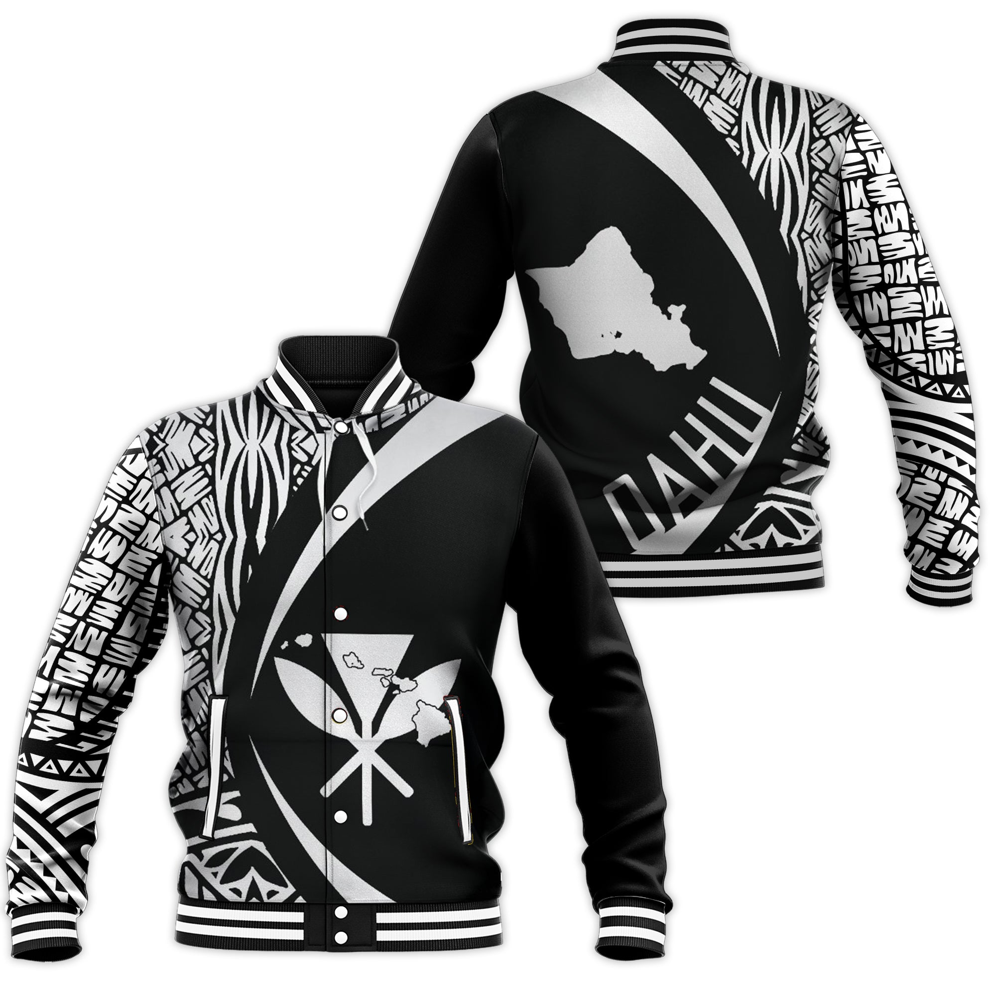 Oahu Kanaka Maoli Polynesian Baseball Jacket - Circle Style RLT7 Unisex Black - Polynesian Pride