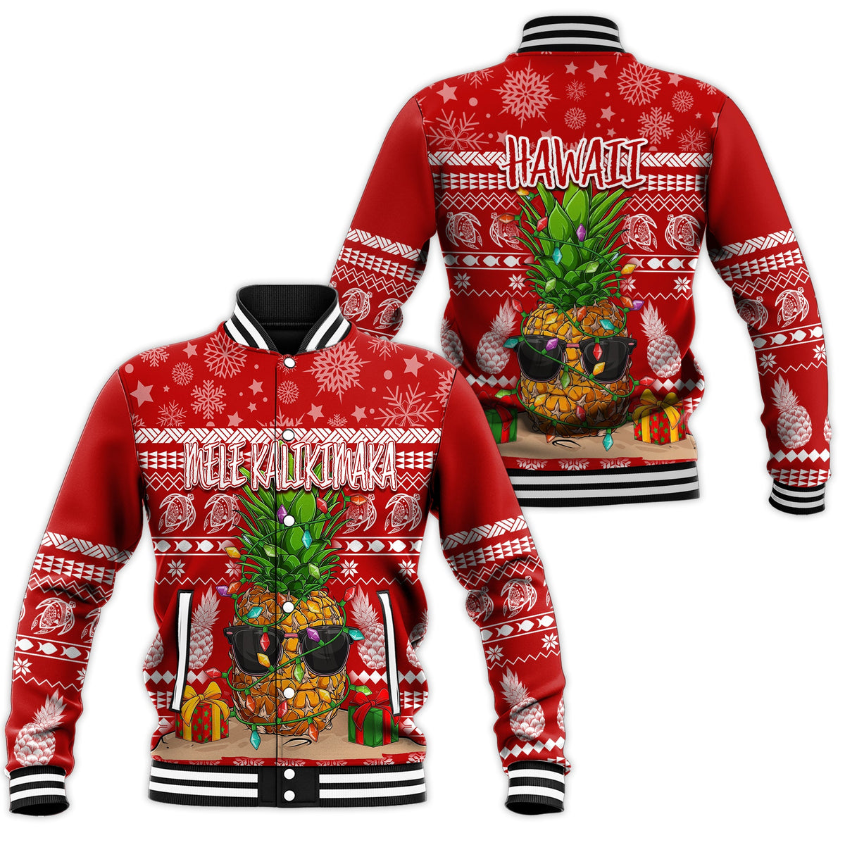 Hawaii Christmas Baseball Jacket Mele Kalikimaka - Pineapple LT7 Unisex Red - Polynesian Pride