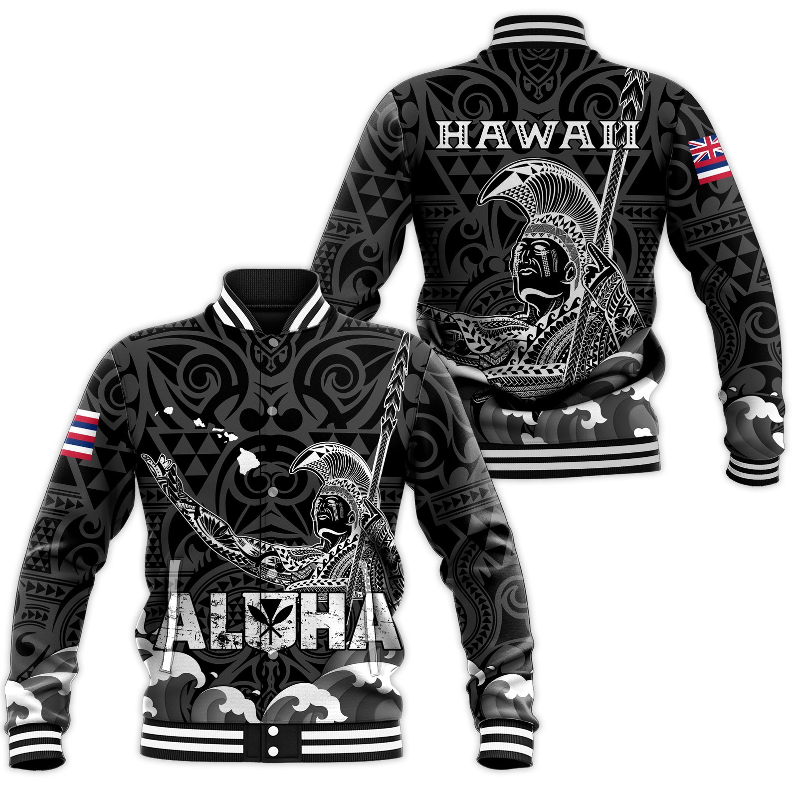 Hawaii King Kamehameha Aloha Hawai'i Nei Baseball Jacket - LT2 Unisex BLACK - Polynesian Pride