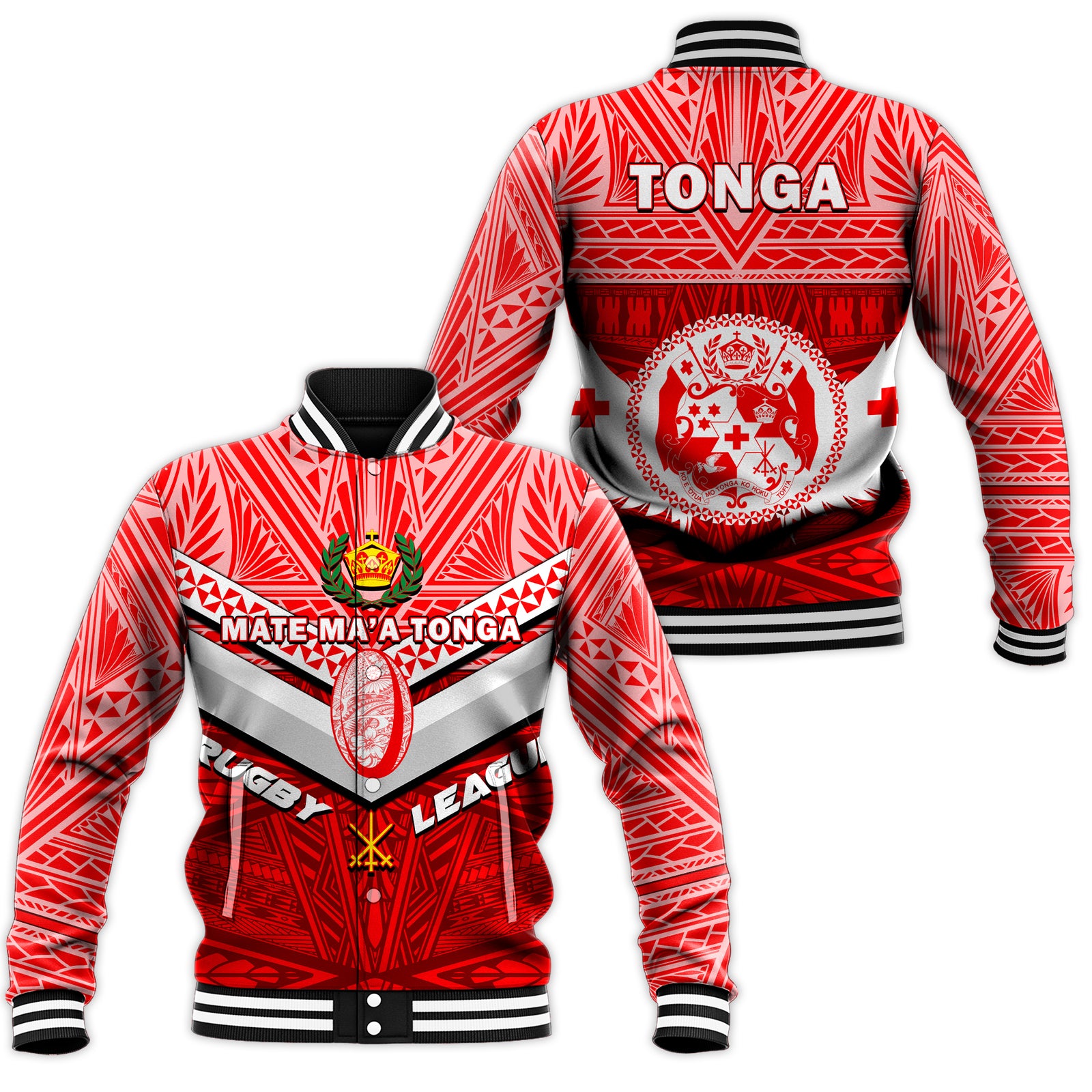 Tonga Rugby Mate Ma'a Tonga Tapa Pattern Baseball Jacket - LT2 Unisex RED - Polynesian Pride