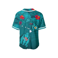 (Custom Personalised) Hawaiian Islands Baseball Jersey - Hawaii Tropical Flowers and Turtles Turquoise LT13 - Polynesian Pride