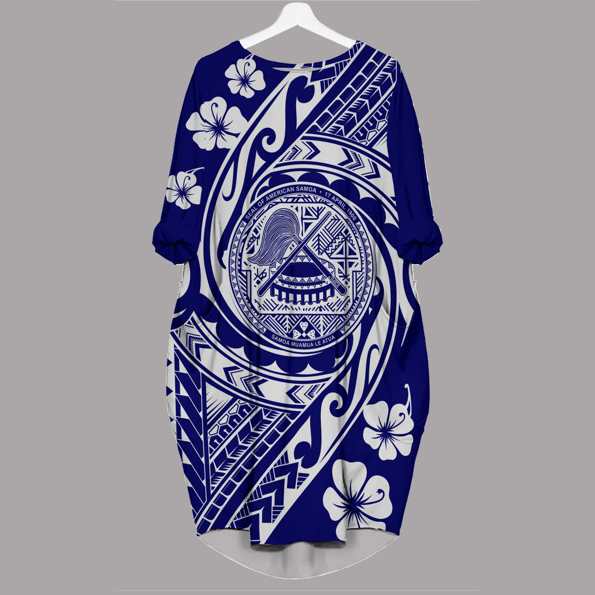 American Samoa Batwing Pocket Dress - Tribal Tattoo Sleeve Women Blue - Polynesian Pride