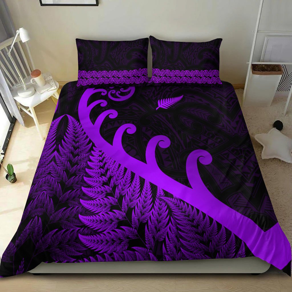 New Zealand Rugby Maori Bedding Set Silver Fern Koru Vibes - Purple LT8 - Polynesian Pride