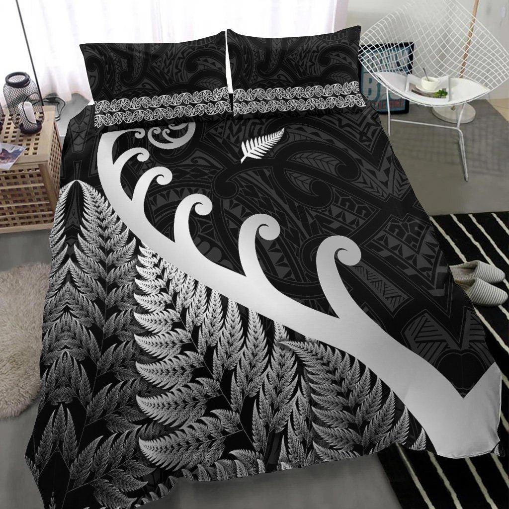 New Zealand Rugby Maori Bedding Set Silver Fern Koru Vibes - Black LT8 - Polynesian Pride