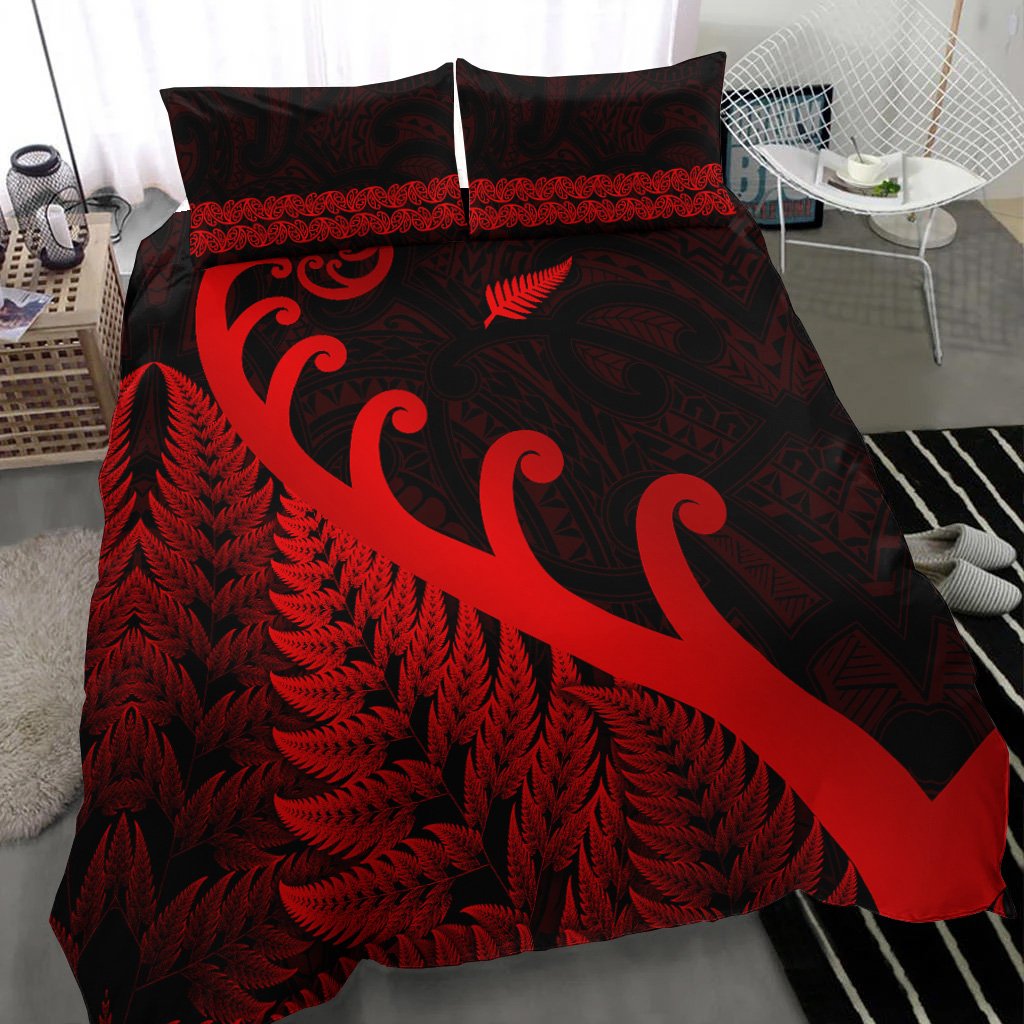 New Zealand Rugby Maori Bedding Set Silver Fern Koru Vibes - Red LT8 - Polynesian Pride