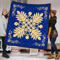 Hawaiian Quilt Maui Plant And Hibiscus Premium Quilt - Beige Blue - AH - Polynesian Pride