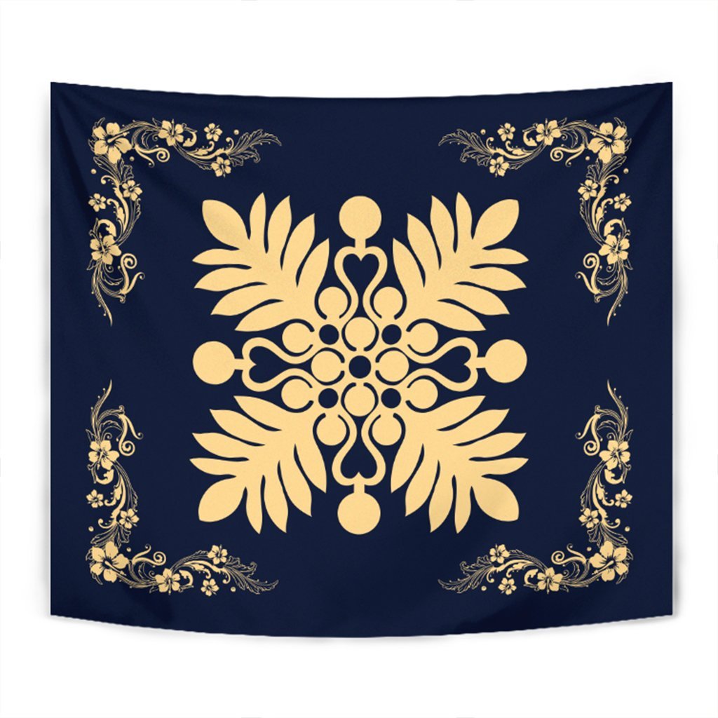 Hawaiian Quilt Maui Plant And Hibiscus Tappestry - Beige Indigo - AH Wall Tapestry Beige - Polynesian Pride