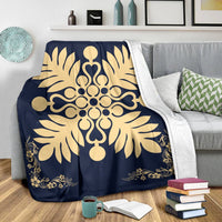 Hawaiian Quilt Maui Plant And Hibiscus Premium Blanket - Beige Indigo - AH - Polynesian Pride