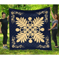 Hawaiian Quilt Maui Plant And Hibiscus Premium Quilt - Beige Indigo - AH Beige - Polynesian Pride