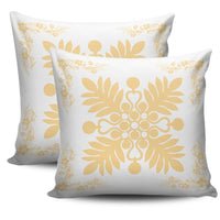 Hawaiian Quilt Maui Plant And Hibiscus Pattern Pillow Covers - Beige White - AH - Polynesian Pride