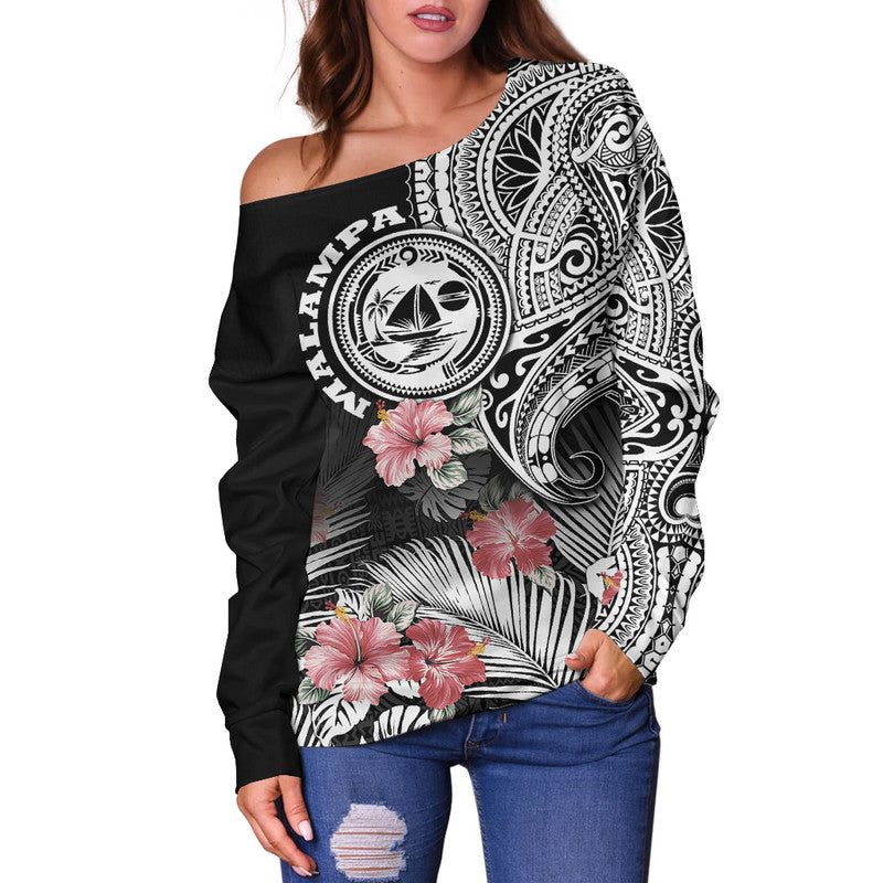 Vanuatu Malampa Province Women Off Shoulder Sweater Hibiscus Tribal Polynesian Tattoo Ver Black LT9 Women Black - Polynesian Pride