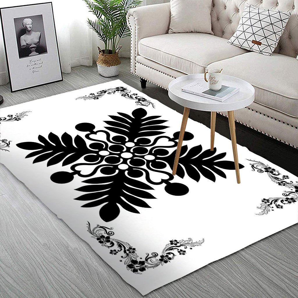 Hawaiian Quilt Maui Plant And Hibiscus Pattern Area Rug - Black White - AH - Polynesian Pride