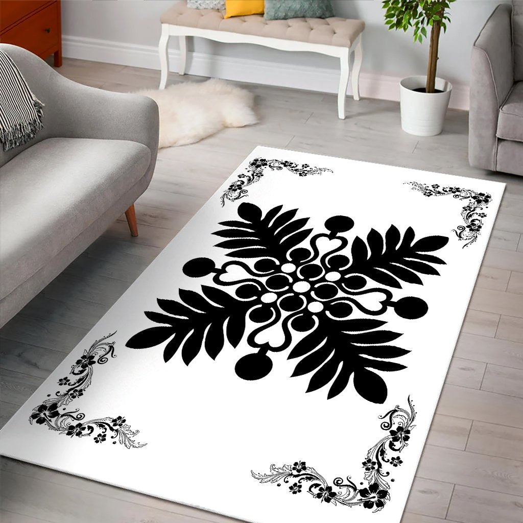 Hawaiian Quilt Maui Plant And Hibiscus Pattern Area Rug - Black White - AH - Polynesian Pride