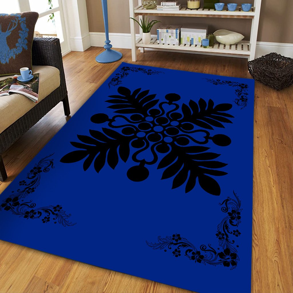Hawaiian Quilt Maui Plant And Hibiscus Pattern Area Rug - Black Blue - AH - Polynesian Pride