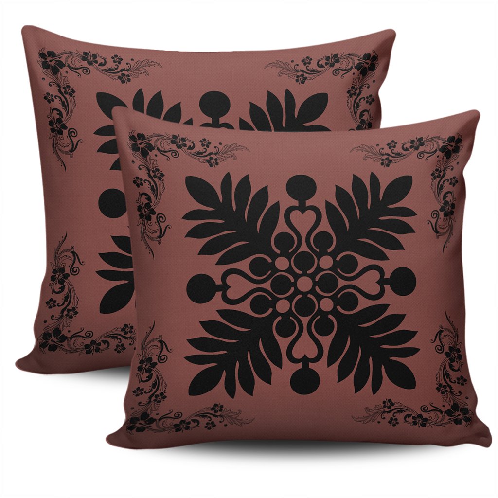 Hawaiian Quilt Maui Plant And Hibiscus Pattern Pillow Covers - Black Coral - AH - Polynesian Pride