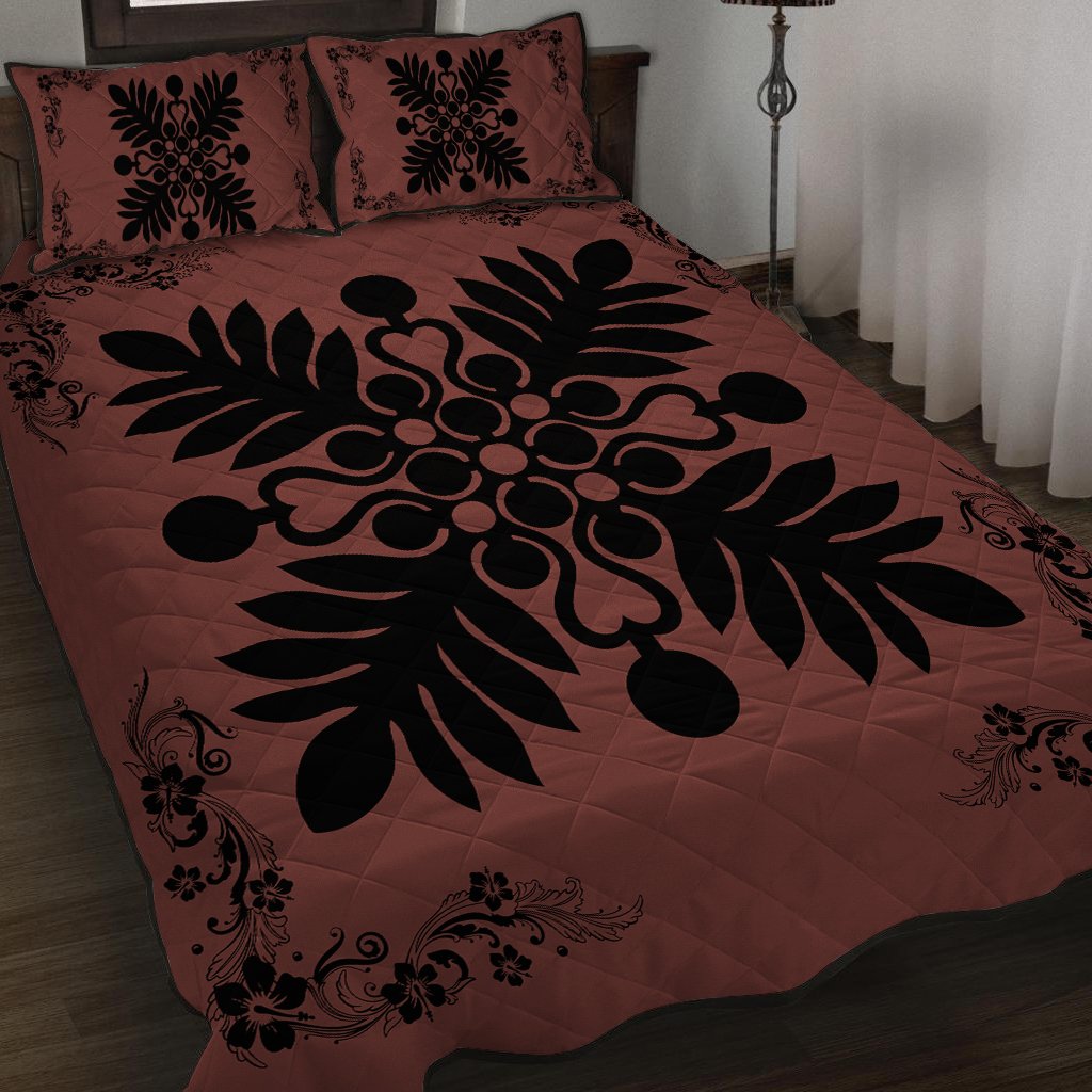 Hawaiian Quilt Maui Plant And Hibiscus Pattern Quilt Bed Set - Black Coral - AH - Polynesian Pride
