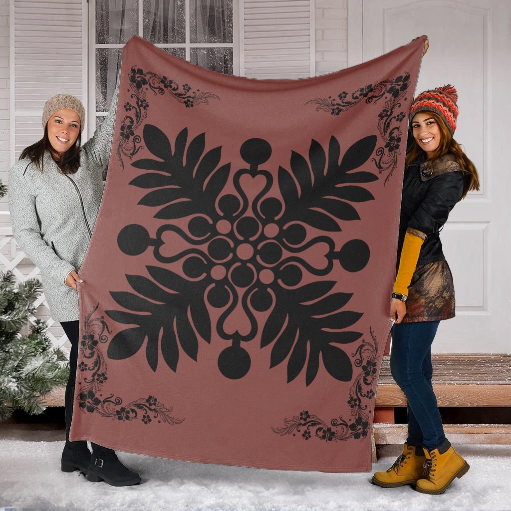 Hawaiian Quilt Maui Plant And Hibiscus Premium Blanket - Black Coral - AH - Polynesian Pride