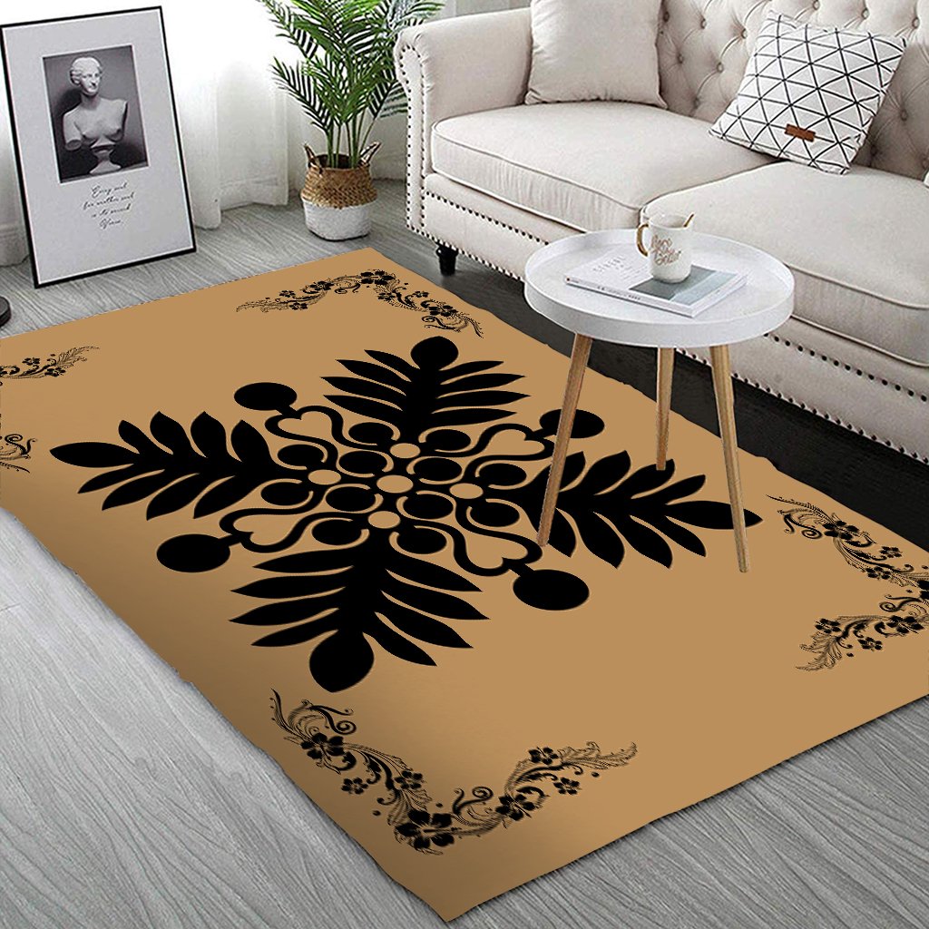 Hawaiian Quilt Maui Plant And Hibiscus Pattern Area Rug - Black Gold - AH - Polynesian Pride