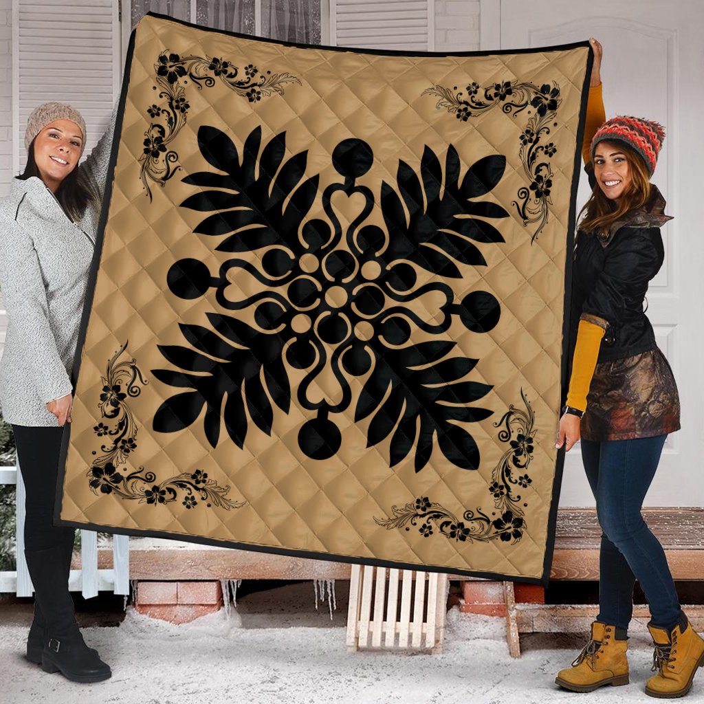 Hawaiian Quilt Maui Plant And Hibiscus Premium Quilt - Black Gold - AH - Polynesian Pride