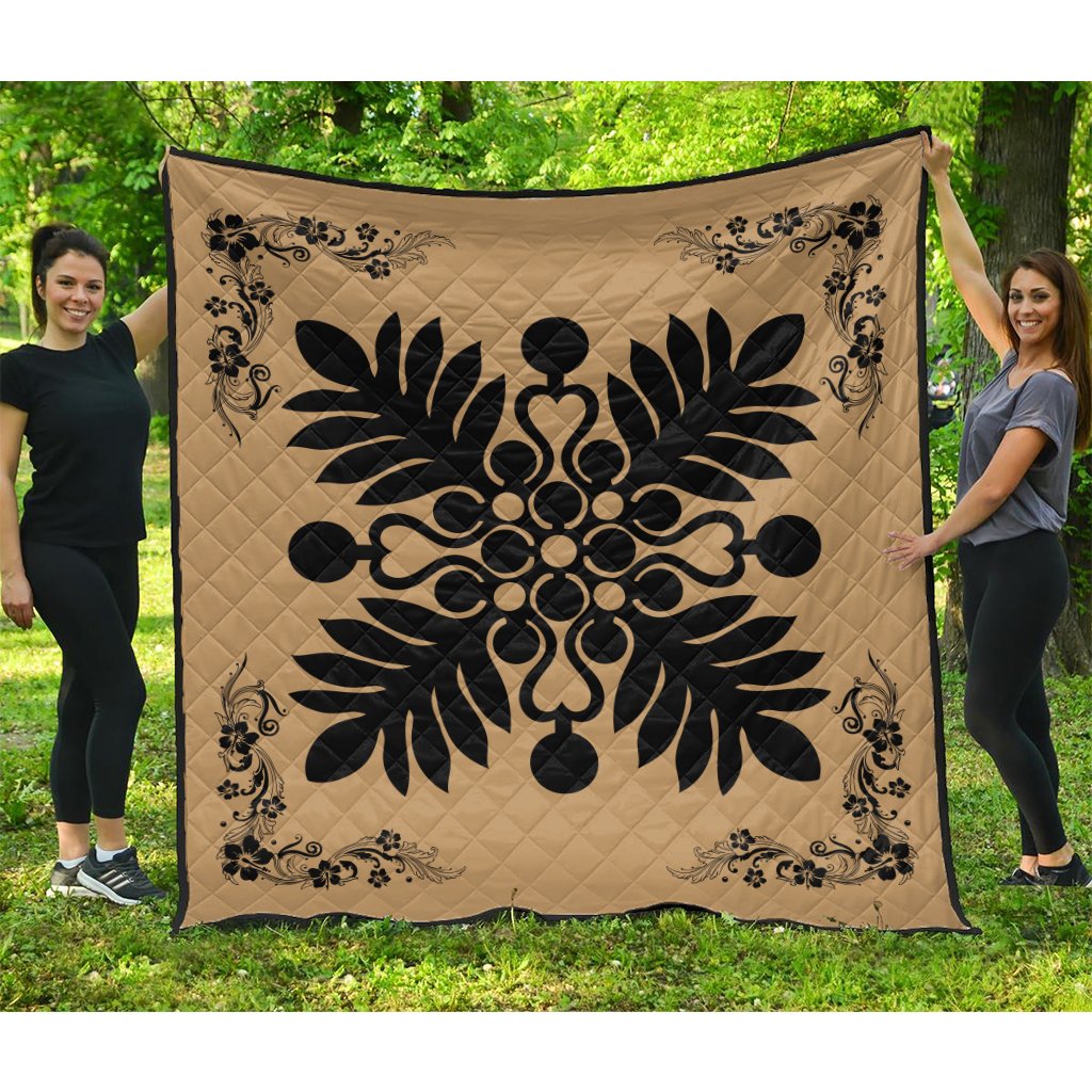 Hawaiian Quilt Maui Plant And Hibiscus Premium Quilt - Black Gold - AH Black - Polynesian Pride