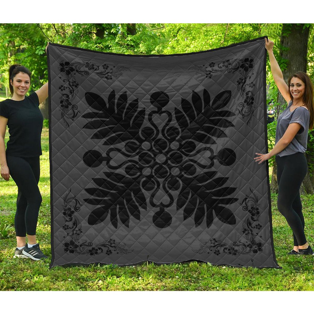 Hawaiian Quilt Maui Plant And Hibiscus Premium Quilt - Black Gray - AH Black - Polynesian Pride