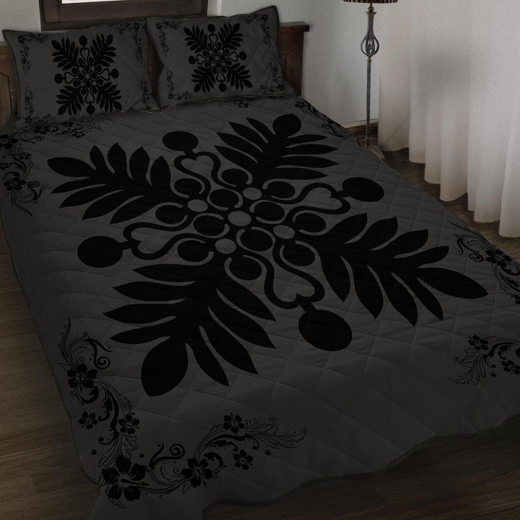 Hawaiian Quilt Maui Plant And Hibiscus Pattern Quilt Bed Set - Black Gray - AH - Polynesian Pride