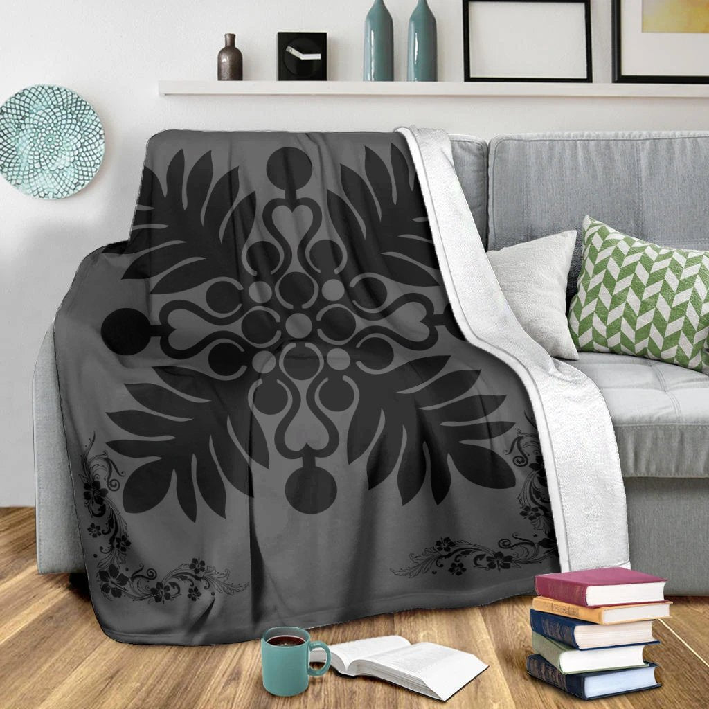 Hawaiian Quilt Maui Plant And Hibiscus Premium Blanket - Black Gray - AH - Polynesian Pride