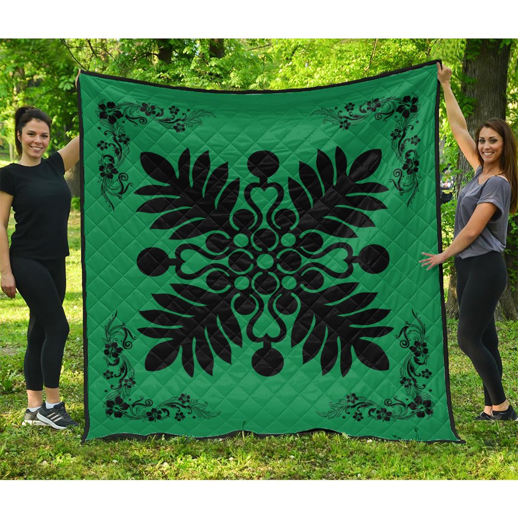 Hawaiian Quilt Maui Plant And Hibiscus Premium Quilt - Black Green - AH Black - Polynesian Pride