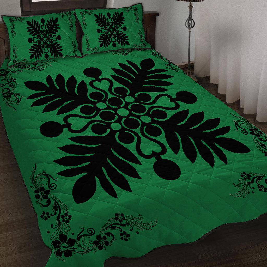 Hawaiian Quilt Maui Plant And Hibiscus Pattern Quilt Bed Set - Black Green - AH - Polynesian Pride