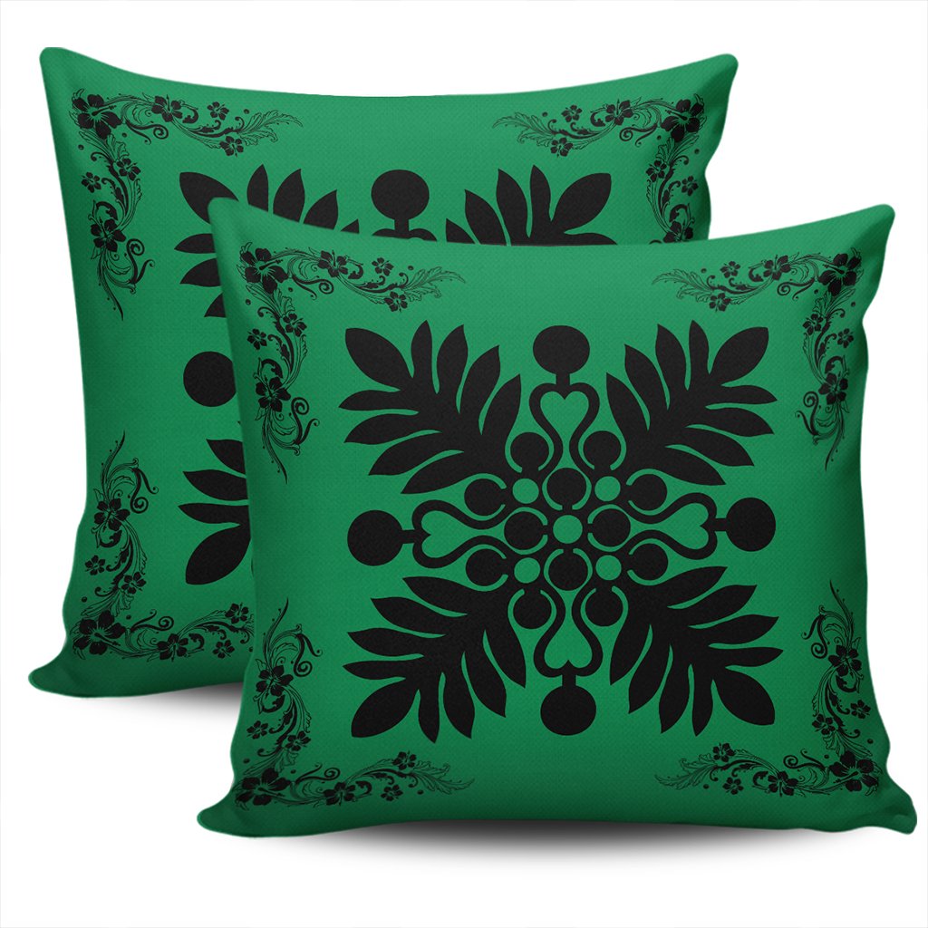 Hawaiian Quilt Maui Plant And Hibiscus Pattern Pillow Covers - Black Green - AH - Polynesian Pride