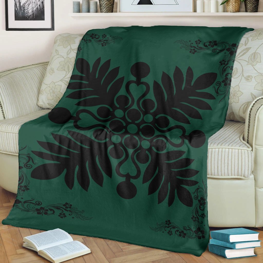 Hawaiian Quilt Maui Plant And Hibiscus Premium Blanket - Black Sacramento - AH - Polynesian Pride