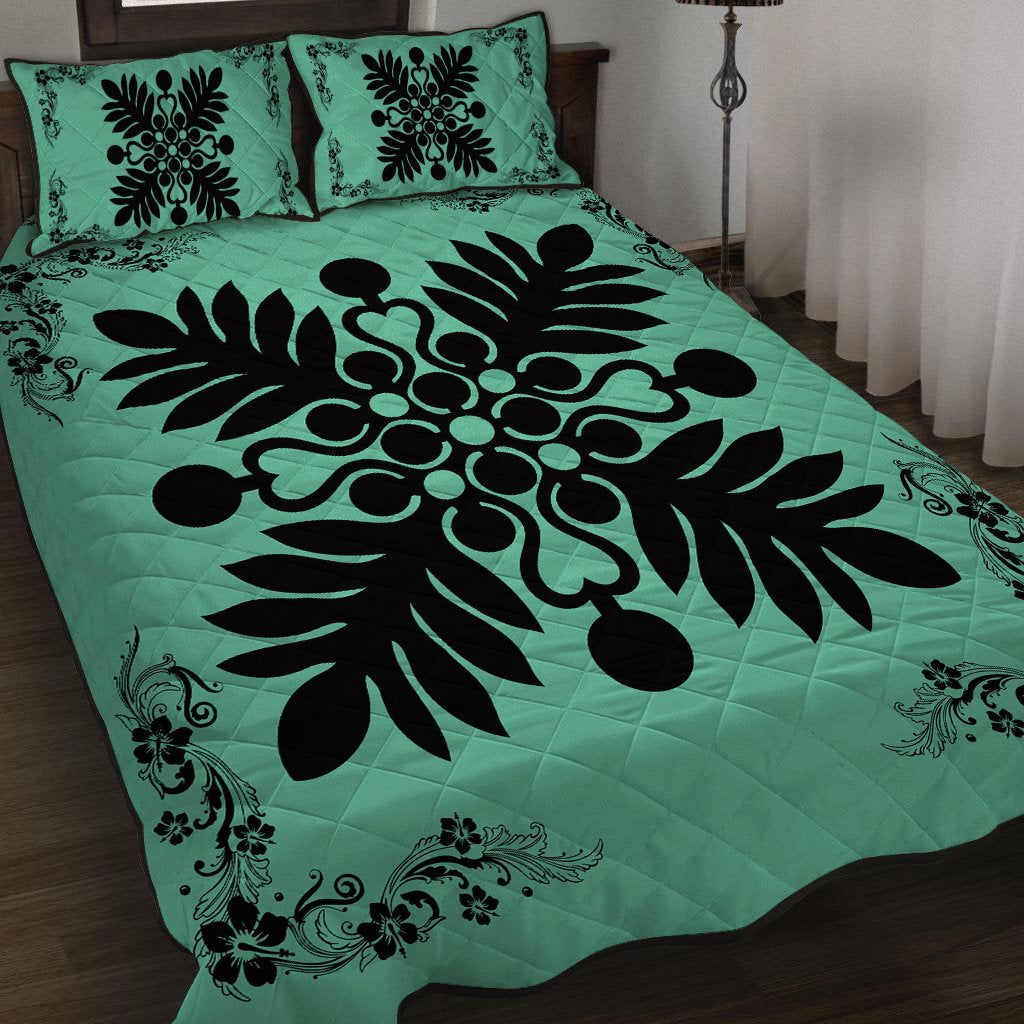 Hawaiian Quilt Maui Plant And Hibiscus Pattern Quilt Bed Set - Black Seafoarm - AH - Polynesian Pride
