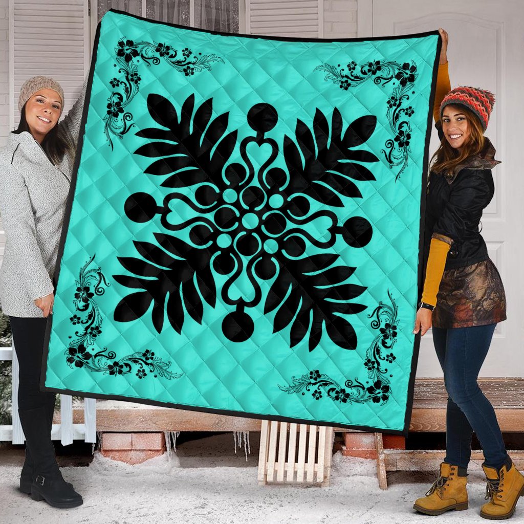 Hawaiian Quilt Maui Plant And Hibiscus Premium Quilt - Black Turquoise - AH - Polynesian Pride