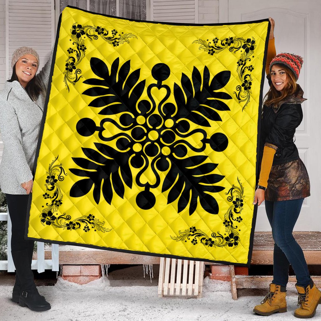 Hawaiian Quilt Maui Plant And Hibiscus Premium Quilt - Black Yellow - AH - Polynesian Pride
