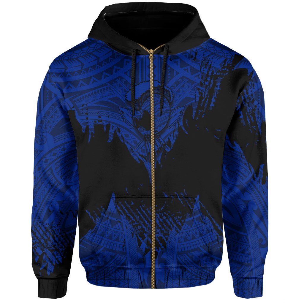Hawaii Polynesian Hoodie Zip Warrior Ikaika Benjamin Style Blue - Polynesian Pride